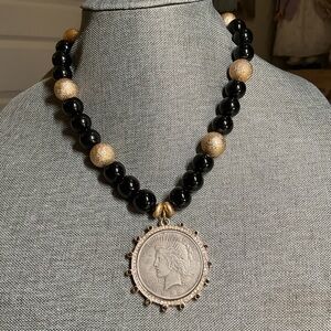 Black and Gold Beaded Necklace with Coin Pendant
